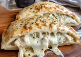 Golden, cheesy Chicken Alfredo Air Fryer Calzones sliced open to reveal creamy chicken and melted mozzarella, served on a wooden board.