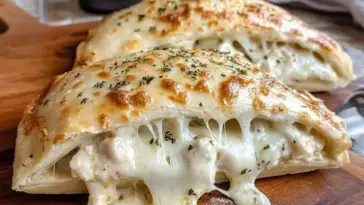 Golden, cheesy Chicken Alfredo Air Fryer Calzones sliced open to reveal creamy chicken and melted mozzarella, served on a wooden board.