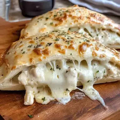 Close-up of golden brown Chicken Alfredo Air Fryer Calzones sliced open on a wooden board, revealing melted mozzarella and creamy chicken filling.