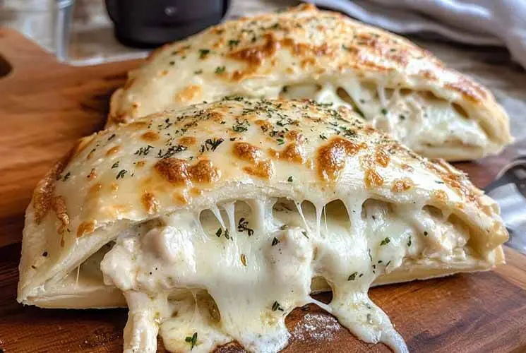 Golden, cheesy Chicken Alfredo Air Fryer Calzones sliced open to reveal creamy chicken and melted mozzarella, served on a wooden board.