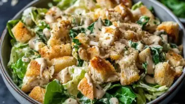 Bowl of Chicken Caesar Salad topped with golden croutons, grilled chicken, and creamy Caesar dressing over crisp romaine lettuce, garnished with cracked pepper.