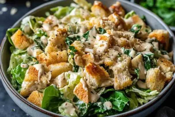 Bowl of Chicken Caesar Salad topped with golden croutons, grilled chicken, and creamy Caesar dressing over crisp romaine lettuce, garnished with cracked pepper.