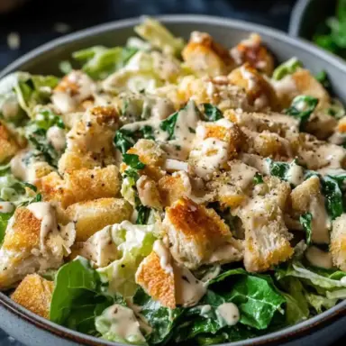 Close-up of Chicken Caesar Salad in a gray bowl, featuring golden croutons, crisp romaine lettuce, creamy Caesar dressing, and cracked black pepper.