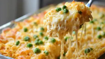 Golden-baked chicken ramen casserole in a dish, with gooey melted cheese and green peas being lifted by a spoon.