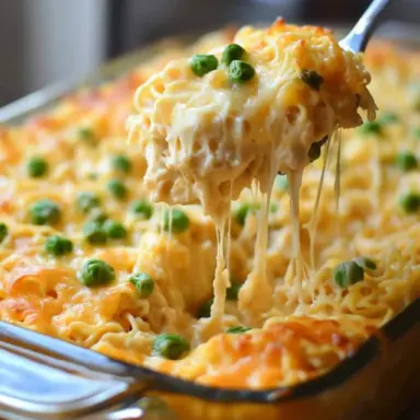 Close-up of a cheesy chicken ramen casserole being served from a baking dish, with melted cheese, noodles, and green peas visible.