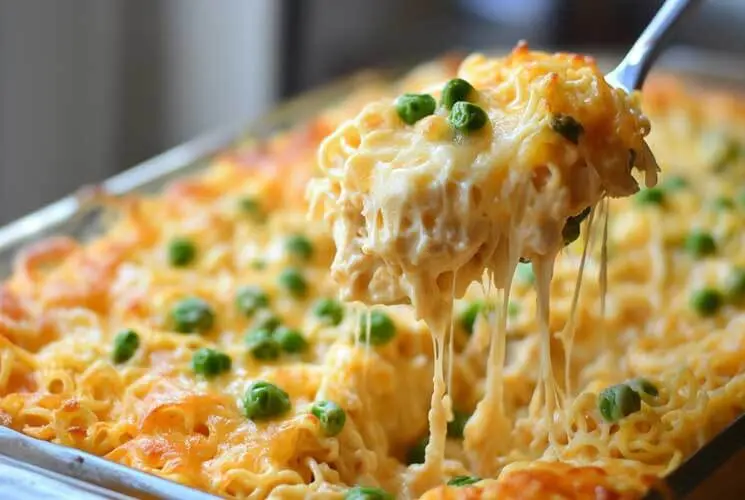 Golden-baked chicken ramen casserole in a dish, with gooey melted cheese and green peas being lifted by a spoon.