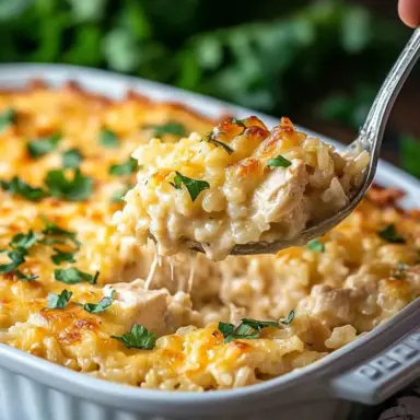 Spoonful of creamy chicken and rice casserole topped with melted cheese and fresh parsley, lifted from a white baking dish