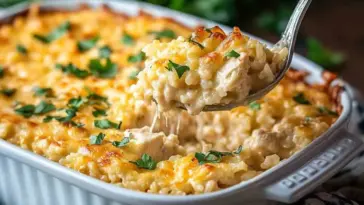 Close-up of cheesy chicken and rice casserole with golden topping and fresh parsley, being scooped from a white baking dish