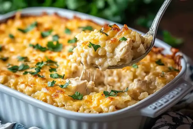 Close-up of cheesy chicken and rice casserole with golden topping and fresh parsley, being scooped from a white baking dish