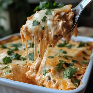Close-up of a cheesy chicken tortilla casserole being scooped from a baking dish, with melted cheese stretching and fresh cilantro on top.