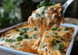 Spoon lifting a cheesy, creamy serving of chicken tortilla casserole from a white baking dish, topped with fresh chopped cilantro.