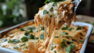 Spoon lifting a cheesy, creamy serving of chicken tortilla casserole from a white baking dish, topped with fresh chopped cilantro.
