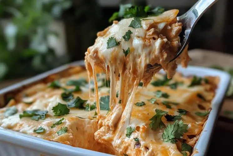 Spoon lifting a cheesy, creamy serving of chicken tortilla casserole from a white baking dish, topped with fresh chopped cilantro.