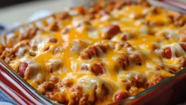 Close-up of cheesy baked Chili Dog Casserole in a red dish, filled with sliced hot dogs, savory chili, and melted cheddar and mozzarella cheese.
