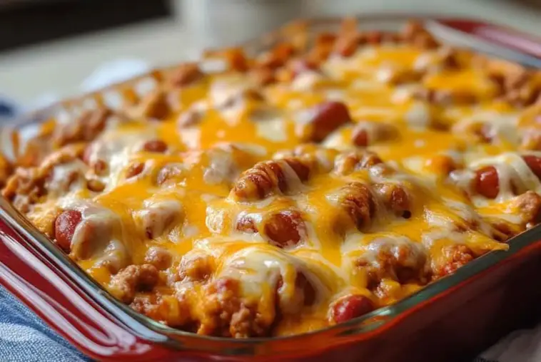 Close-up of cheesy baked Chili Dog Casserole in a red dish, filled with sliced hot dogs, savory chili, and melted cheddar and mozzarella cheese.