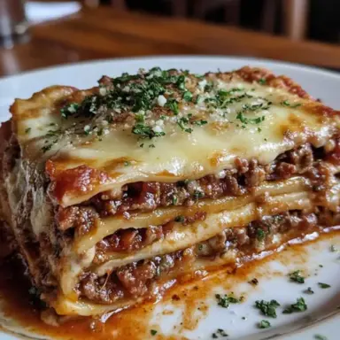 Close-up of a slice of traditional Italian lasagna with visible layers of meat sauce, pasta, and melted cheese, garnished with parsley on a white plate.