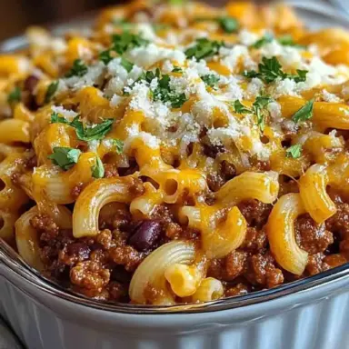 Close-up of Coney Chili Mac Casserole in a white baking dish, topped with melted cheddar cheese, chopped parsley, and parmesan, featuring elbow macaroni and seasoned ground beef.