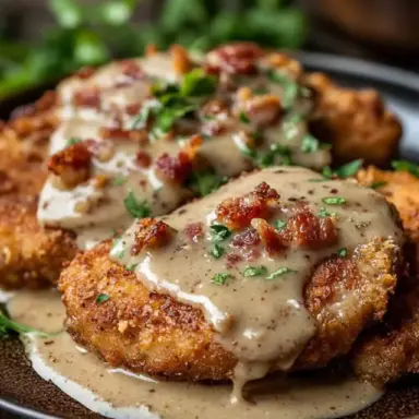 Golden country fried pork chops smothered in creamy bacon gravy and garnished with chopped parsley and crispy bacon bits, served on a rustic plate.