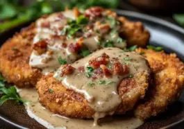 Close-up of crispy golden-brown pork chops topped with rich, creamy bacon gravy and garnished with fresh parsley and bacon bits, served on a dark plate.