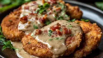 Close-up of crispy golden-brown pork chops topped with rich, creamy bacon gravy and garnished with fresh parsley and bacon bits, served on a dark plate.