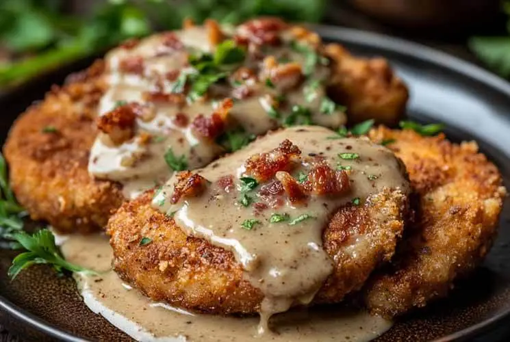 Close-up of crispy golden-brown pork chops topped with rich, creamy bacon gravy and garnished with fresh parsley and bacon bits, served on a dark plate.