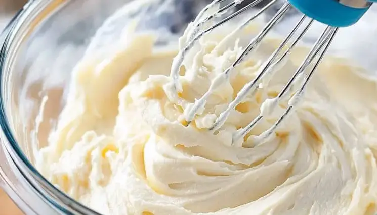 Whisk blending fluffy cream cheese frosting in a glass bowl—perfect for topping cakes and cupcakes.
