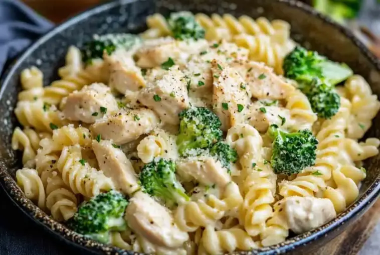 Top-down view of a bowl filled with creamy rotini pasta, seared chicken pieces, and broccoli florets, garnished with cracked pepper and chopped parsley.