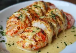 Grilled lobster tails served in a creamy garlic butter sauce, garnished with chopped parsley on a white plate