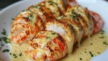 Grilled lobster tails served in a creamy garlic butter sauce, garnished with chopped parsley on a white plate
