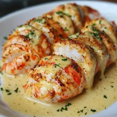 Close-up of broiled lobster tails topped with creamy garlic butter sauce, garnished with parsley, served on a white plate