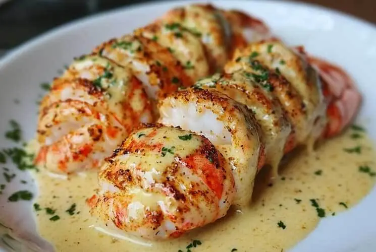 Grilled lobster tails served in a creamy garlic butter sauce, garnished with chopped parsley on a white plate