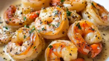 Creamy garlic shrimp served in a light garlic cream sauce, topped with cracked pepper and fresh herbs, arranged on a white plate.