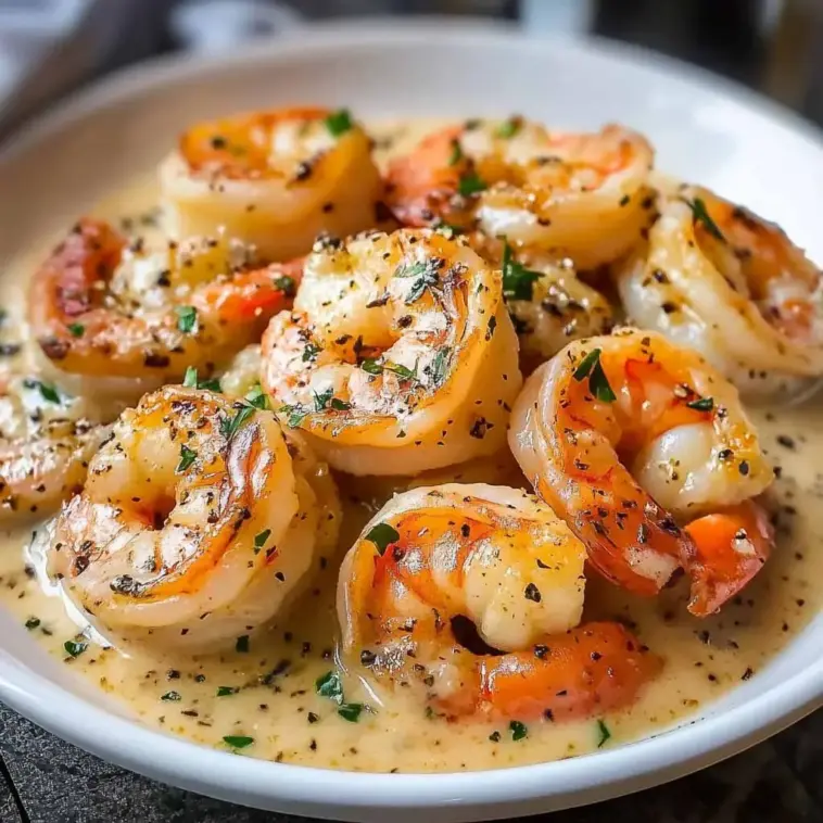 Creamy garlic shrimp served in a light garlic cream sauce, topped with cracked pepper and fresh herbs, arranged on a white plate.