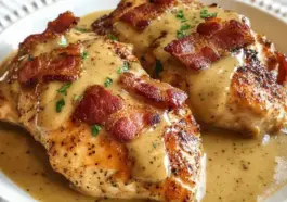 Two juicy chicken breasts topped with crispy bacon strips and smothered in a creamy honey mustard sauce on a white plate