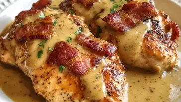 Two juicy chicken breasts topped with crispy bacon strips and smothered in a creamy honey mustard sauce on a white plate