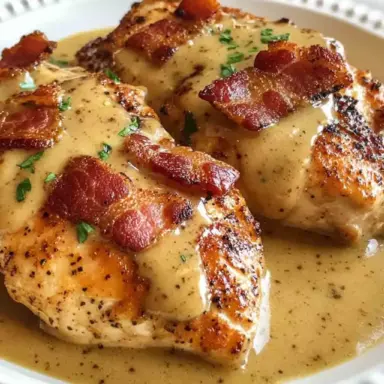 Golden seared chicken breasts topped with crispy bacon, smothered in a creamy honey mustard sauce on a white plate