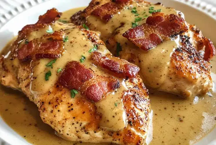 Two juicy chicken breasts topped with crispy bacon strips and smothered in a creamy honey mustard sauce on a white plate