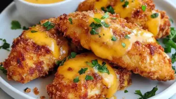 Close-up of golden crispy cheddar chicken breasts topped with melted cheddar and garnished with parsley, served with creamy honey mustard dipping sauce.
