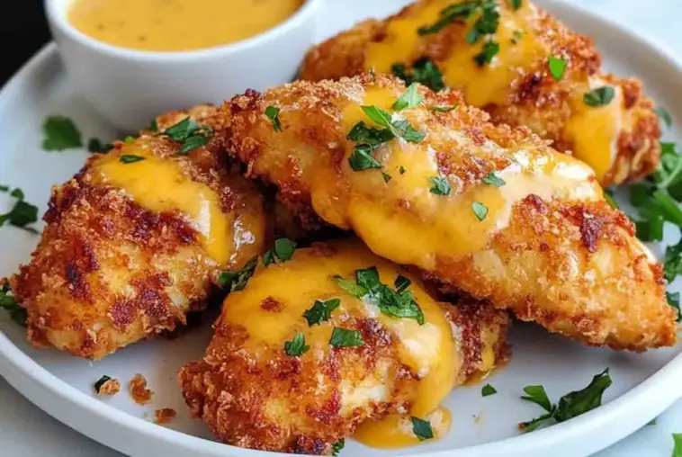Close-up of golden crispy cheddar chicken breasts topped with melted cheddar and garnished with parsley, served with creamy honey mustard dipping sauce.