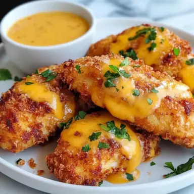 Crispy cheddar chicken with a golden, crunchy cheese and cracker coating, topped with melted cheddar and fresh parsley, served with a side of honey mustard dipping sauce.