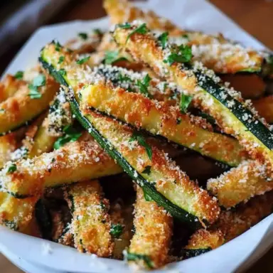 Golden brown zucchini fries coated in garlic-Parmesan breadcrumbs, served in a white bowl and topped with fresh parsley