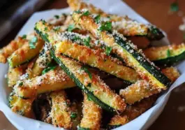 Close-up of golden baked zucchini fries coated in Parmesan and garlic breadcrumbs, garnished with parsley and served in a white bowl