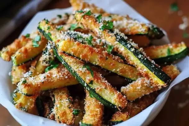 Close-up of golden baked zucchini fries coated in Parmesan and garlic breadcrumbs, garnished with parsley and served in a white bowl