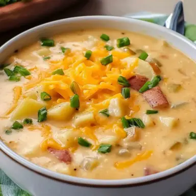A bowl of creamy Crockpot Cheesy Potato Soup topped with shredded cheddar cheese and chopped green onions, served with a spoon on the side.