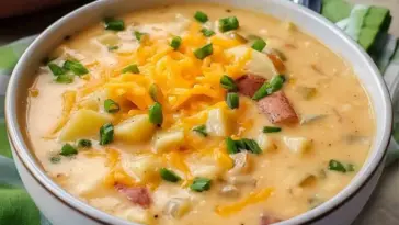 Close-up of a bowl of cheesy potato soup with diced red potatoes, melted cheddar, and chopped green onions, served in a white bowl on a green cloth.