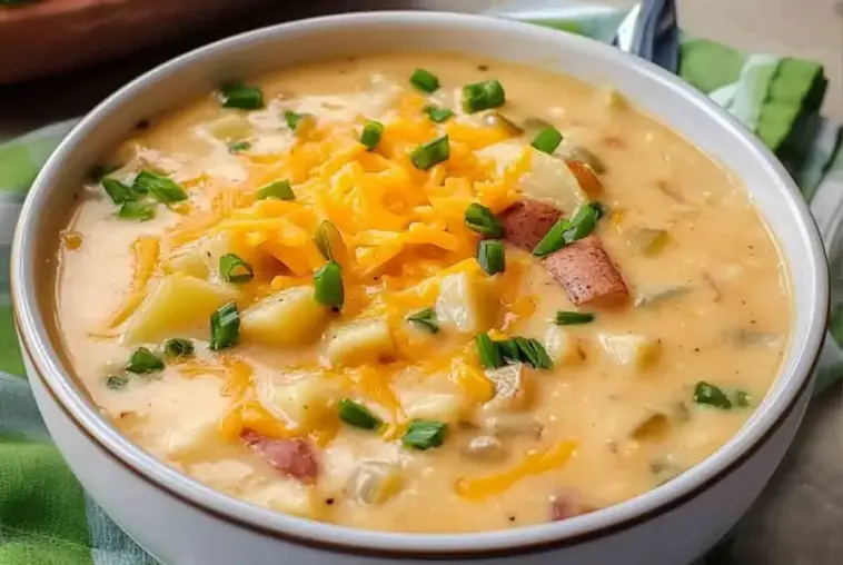 Close-up of a bowl of cheesy potato soup with diced red potatoes, melted cheddar, and chopped green onions, served in a white bowl on a green cloth.