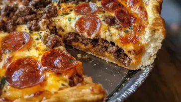 Close-up of a slice of deep dish pepperoni, sausage, and hamburger pie with a golden crust, layers of seasoned meat, melted cheese, and tomato sauce.