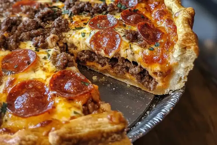 Close-up of a slice of deep dish pepperoni, sausage, and hamburger pie with a golden crust, layers of seasoned meat, melted cheese, and tomato sauce.