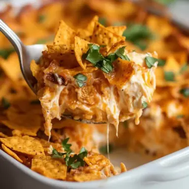 Close-up of a cheesy Dorito Casserole being scooped from a baking dish, with layers of seasoned beef, melted cheese, crushed nacho chips, and fresh parsley on top.