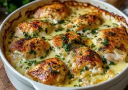 Close-up of creamy French chicken casserole baked with golden skin, herbs, and white wine sauce in a round white casserole dish.